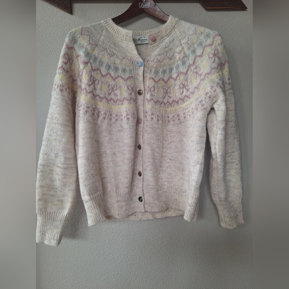 One Mone Womens Fair Isle Button Sweater Cardigan Oatmeal Pastel Size S/M